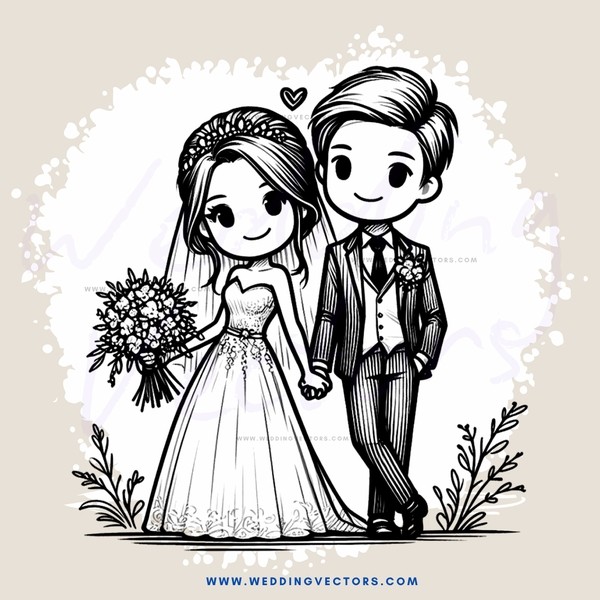 a newlywed couple in black and white illustration