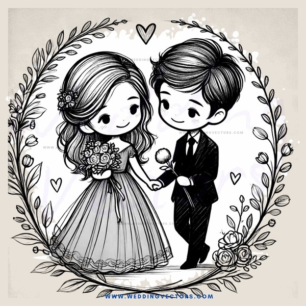 a wedding illustration in black and white