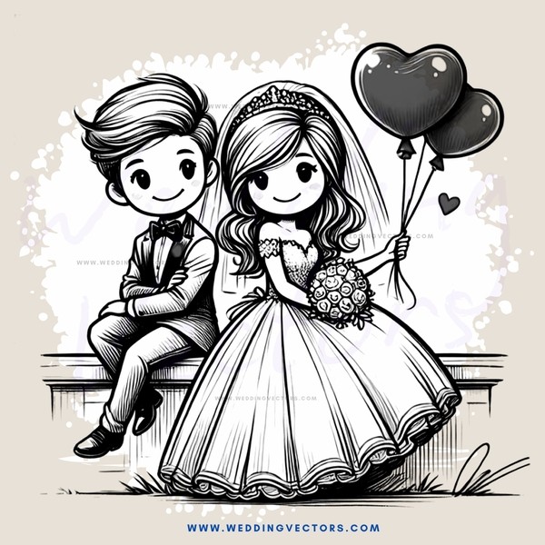 couple sitting on bench with love heart and flowers