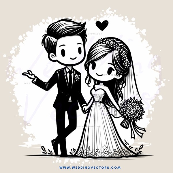 wedding couple in black and white cartoon drawing