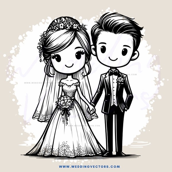 a bride and groom in wedding attire