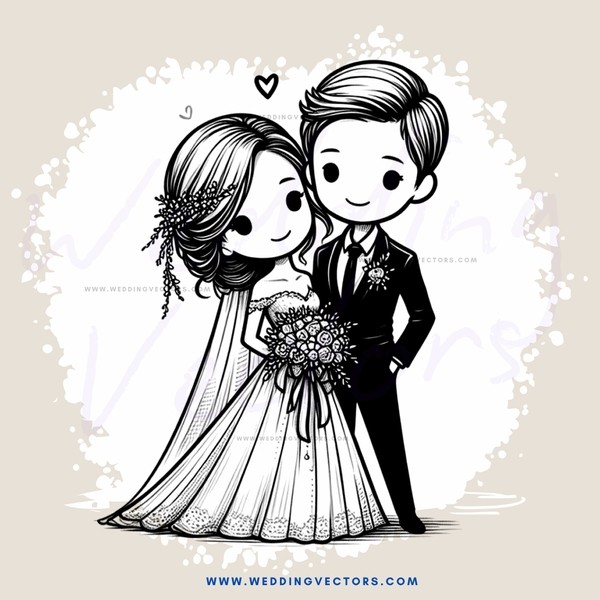 wedding couple in black and white cartoon