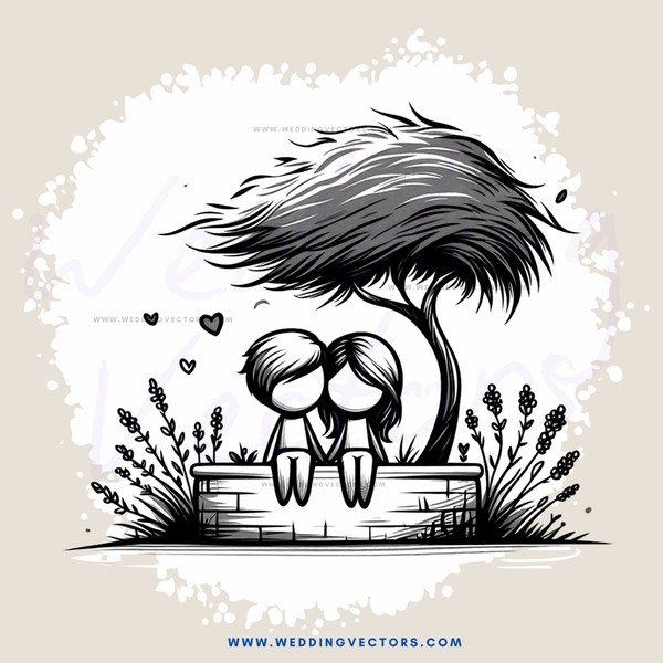 lovers under tree with birds and flowers