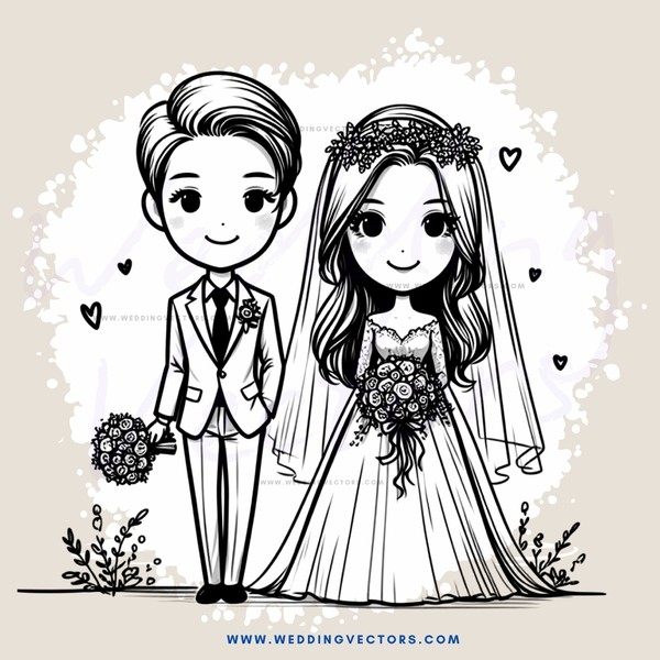 bride and groom in black and white cartoon
