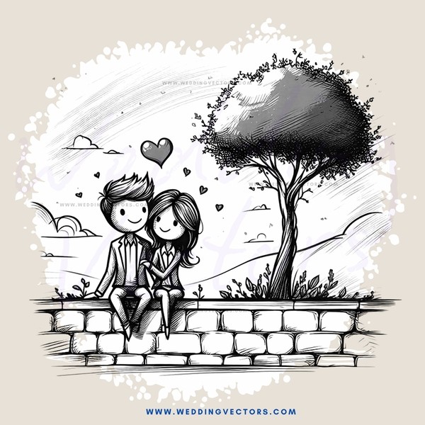 a couple sitting next to a tree with hearts floating around them