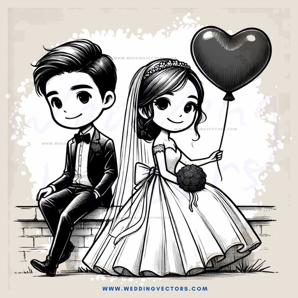 bride and groom on bench with heart balloon