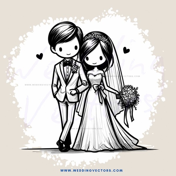 a bride and groom in black and white illustration