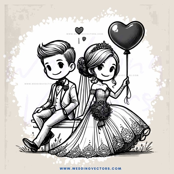 a bride and groom sit next to each other with a heart balloon