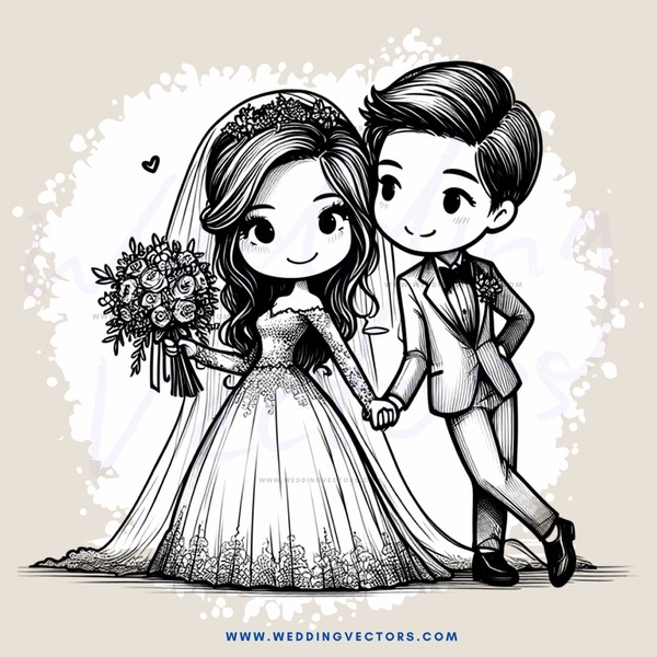 wedding couple in black and white illustrated cartoon style