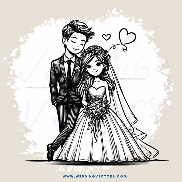 wedding couple pose in black and white illustration