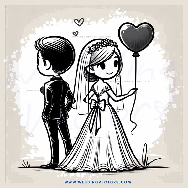 wedding bride and groom with balloon heart