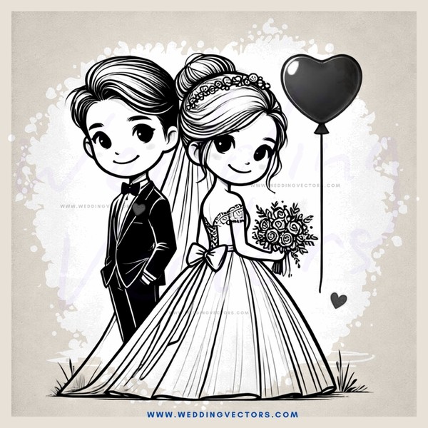 wedding couple holding flowers and balloon