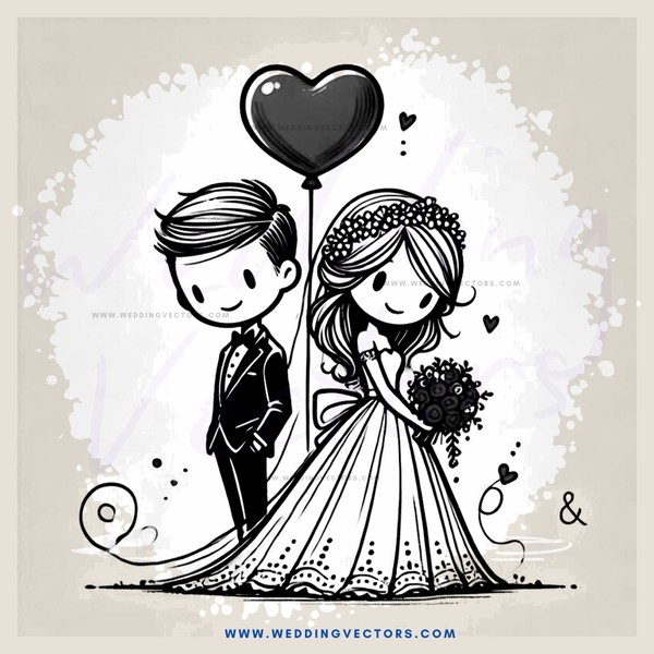 a bride and groom in wedding attire with an envelope and heart floating above them