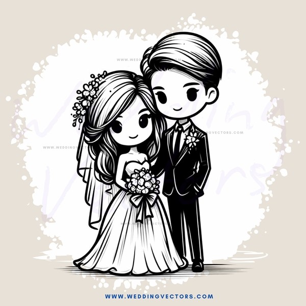 a bride and groom in wedding attire