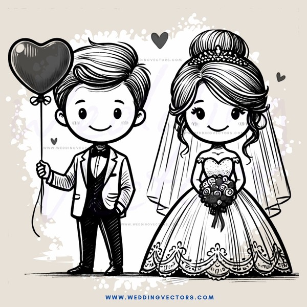 a bride and groom holding hearts and a flower