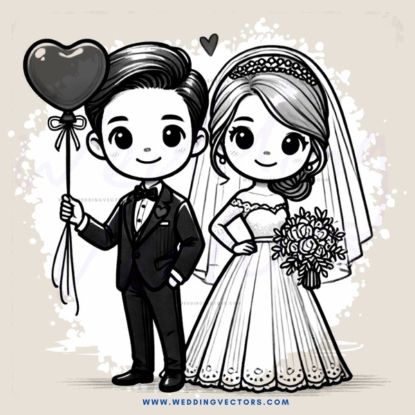 a bride and groom with heart and balloon decorations