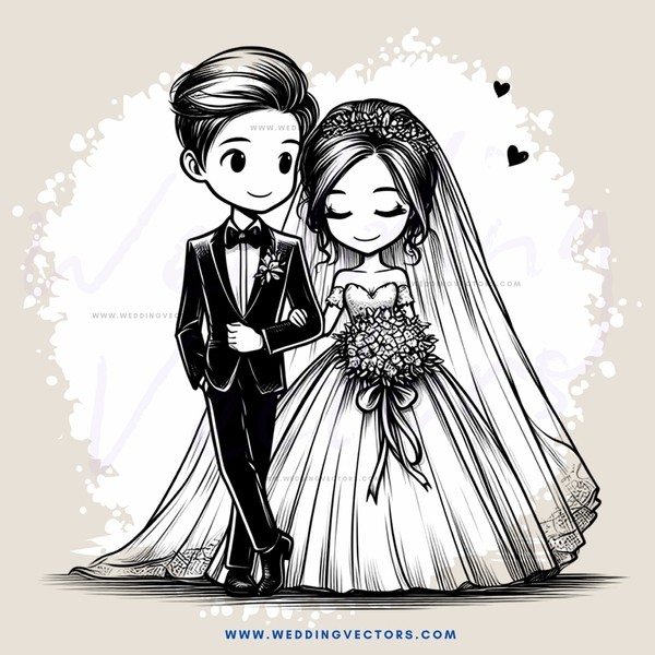 wedding bride and groom cartoon image with bouquet, veil, flowers, dresses, rings, smile on man's face and girl's face