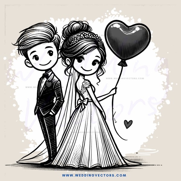 a bride and groom celebrating with a heart balloon
