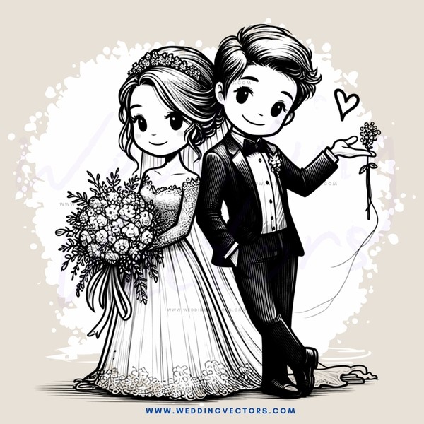 a bride and groom holding flowers