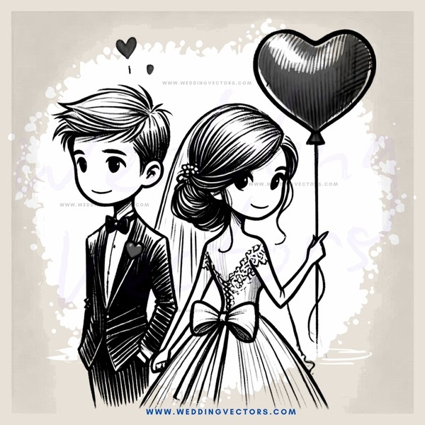 a bride and groom with a heart balloon
