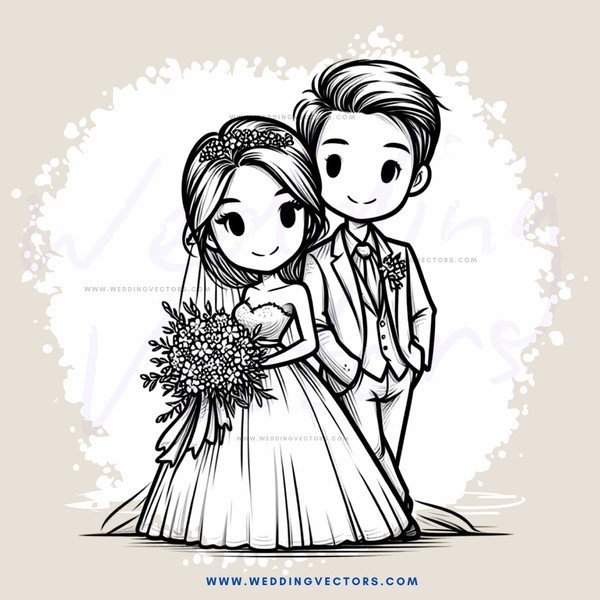 a bride and groom in wedding attire holding flowers
