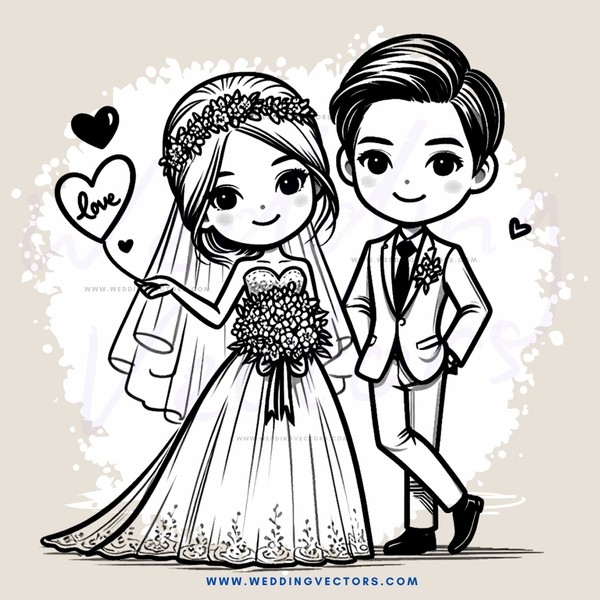 a bride and groom in wedding attire