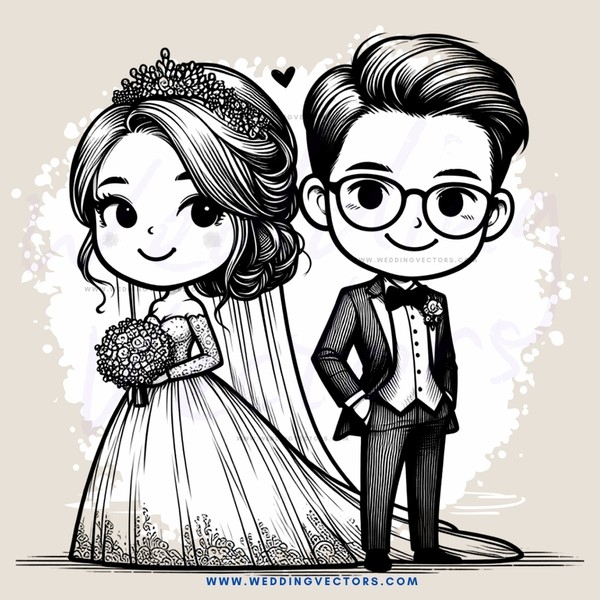 a bride and groom in wedding attire