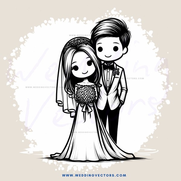 a bride and groom in wedding attire