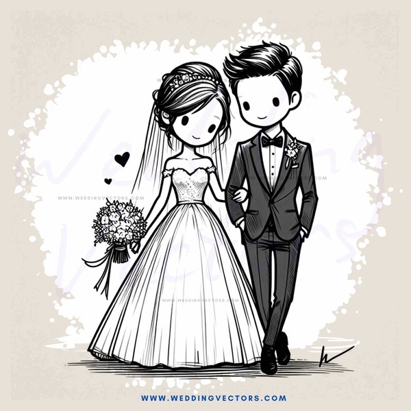 a bride and groom with flowers in hand