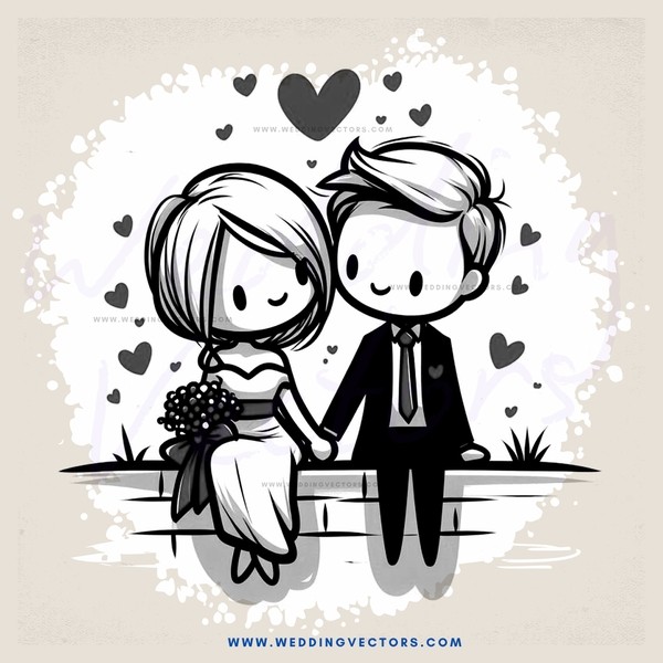 a couple sitting on a bench with hearts and flowers