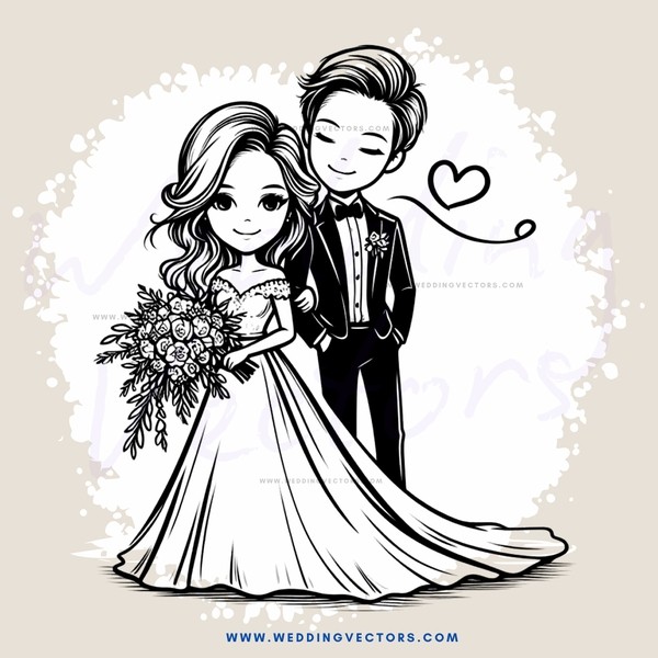 bride and groom in black and white cartoon drawing