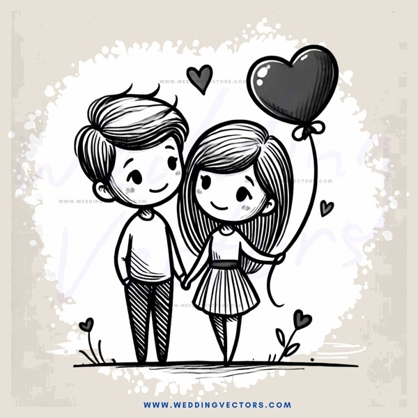 a couple walking hand in hand, holding hearts and balloons