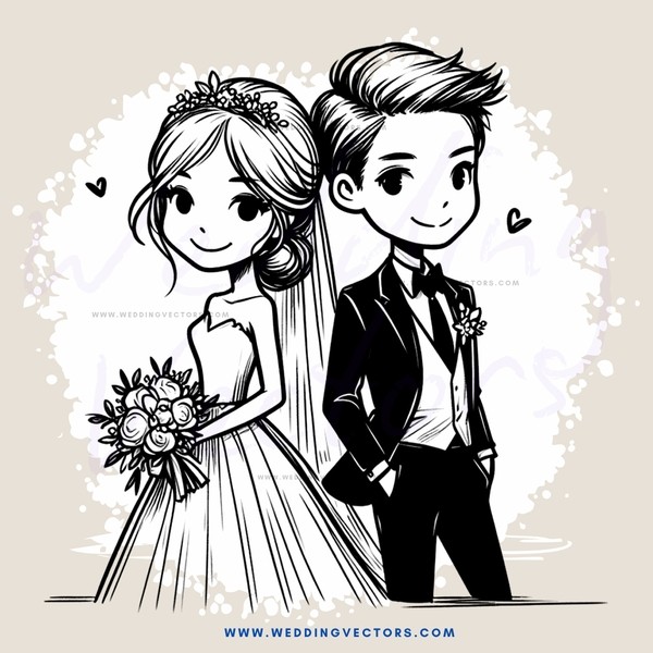 newlyweds standing together with flowers in hand