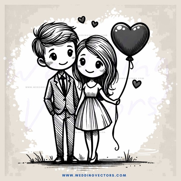 a couple with a balloon and hearts in the background