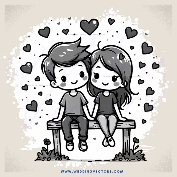lovers on a bench surrounded by love hearts