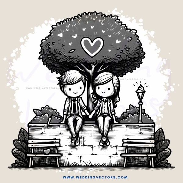 a couple sitting on a bench in front of a tree with a heart and an arrow