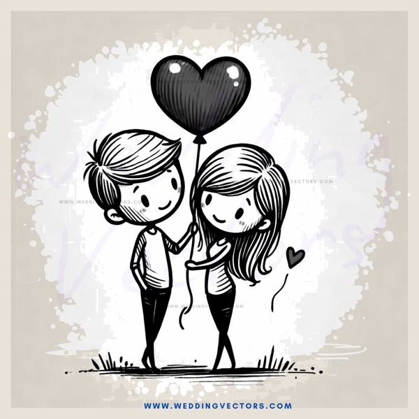 boy and girl holding each other with balloon and heart