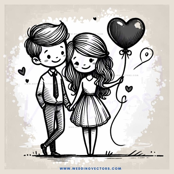 a couple and heart balloon drawing in black and white