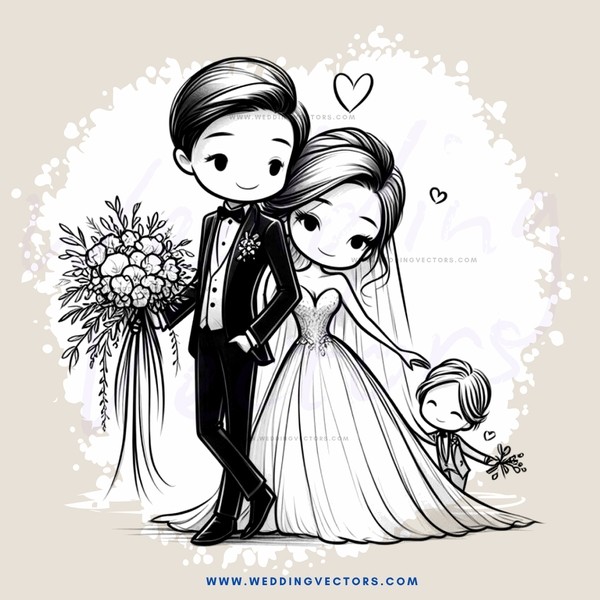 wedding party in black and white illustration