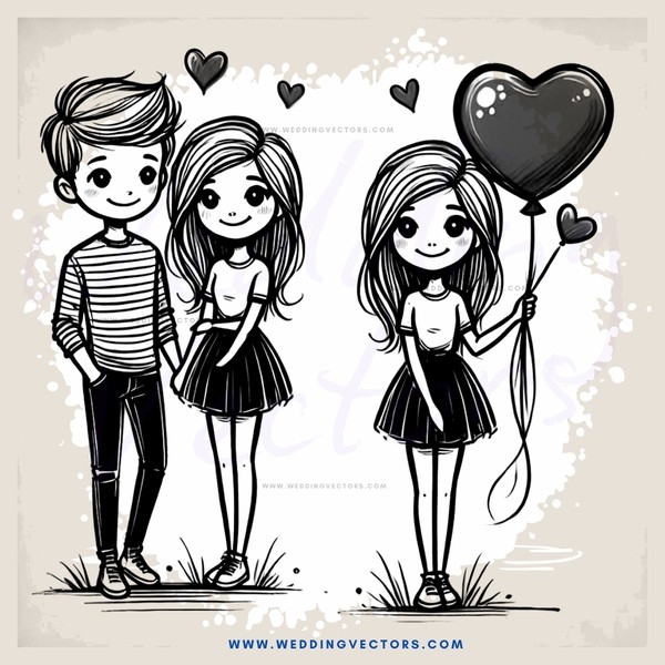 three friends with love hearts and balloons
