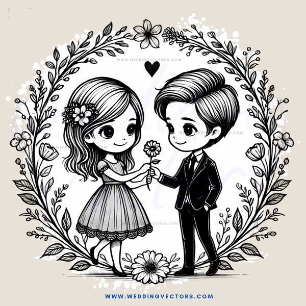 a couple in black and white illustration