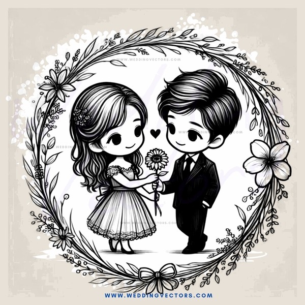 young couple standing together in flower wreath