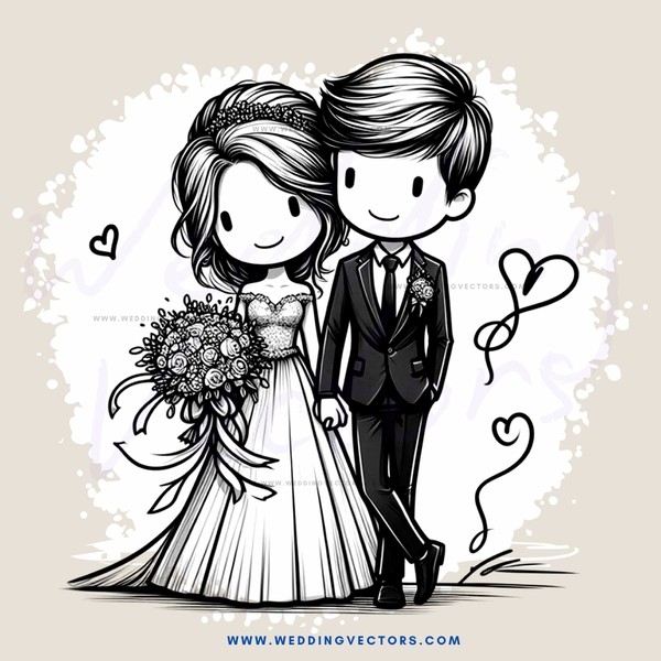 a couple's wedding attire with flowers and heart symbols