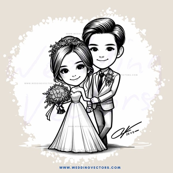 couple in wedding costume standing side by side