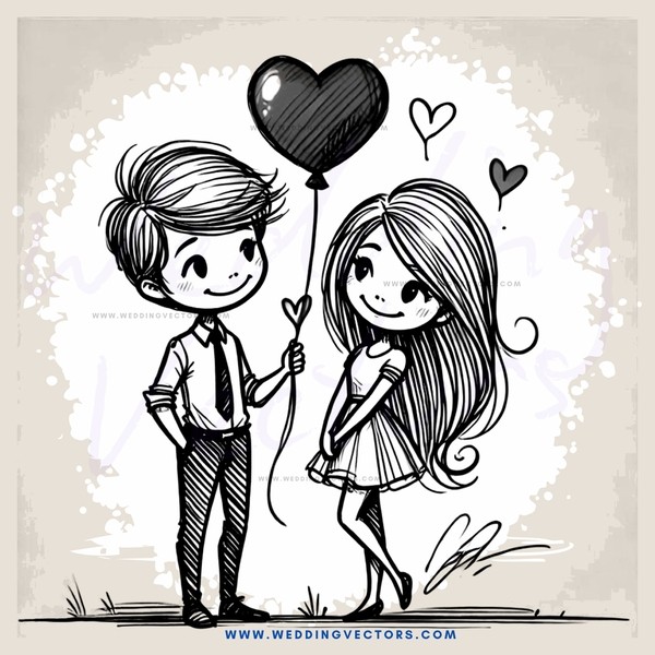 cartoon boy and girl holding balloons and hearts