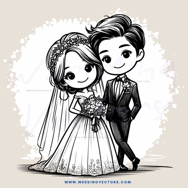 wedding bride and groom illustration in black & white