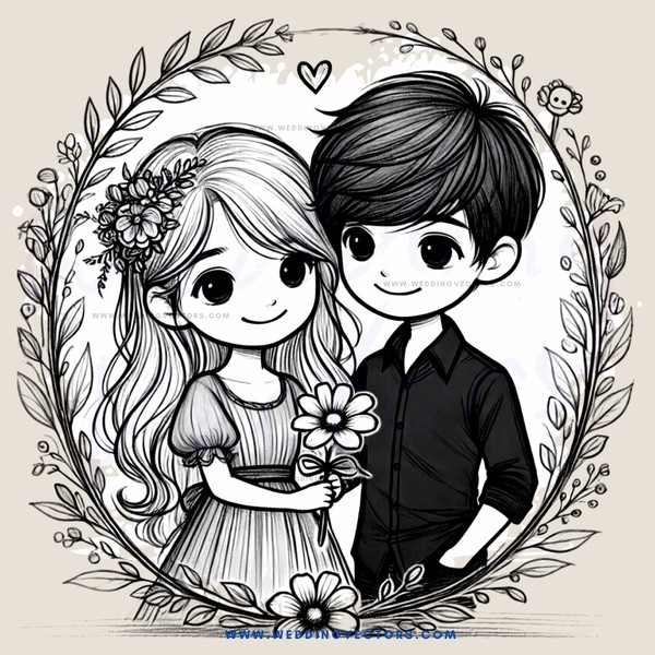 a couple with flowers and hearts