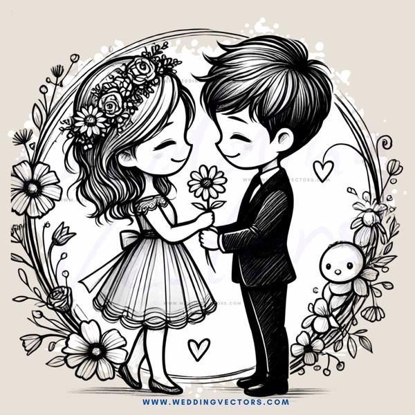 wedding couple and baby in floral decoration