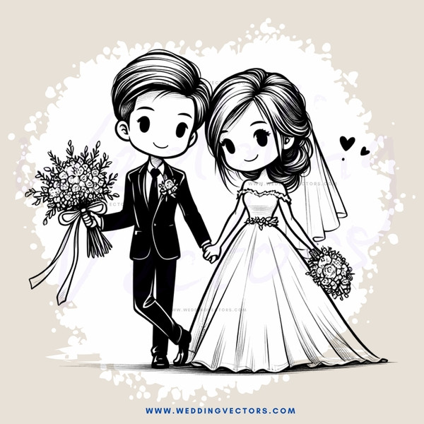 a bride and groom holding flowers