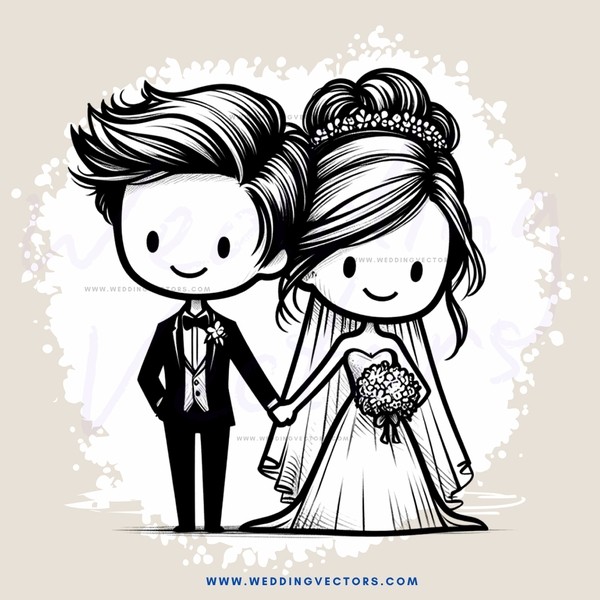 wedding couple in black and white illustration